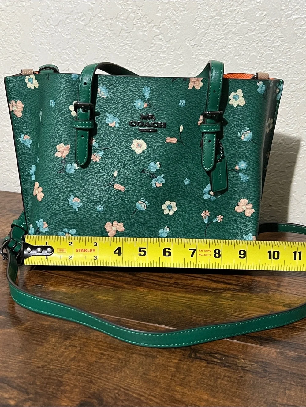 Beautiful Coach Green Floral Shoulder Tote with Pink & Blue Flowers